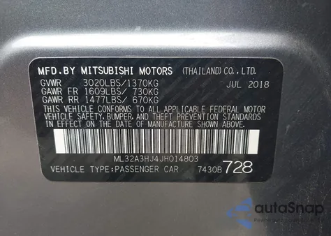 2018 Mitsubishi Mirage Es z USA, uszkodzony, nr VIN ML32A3HJ4JH014803